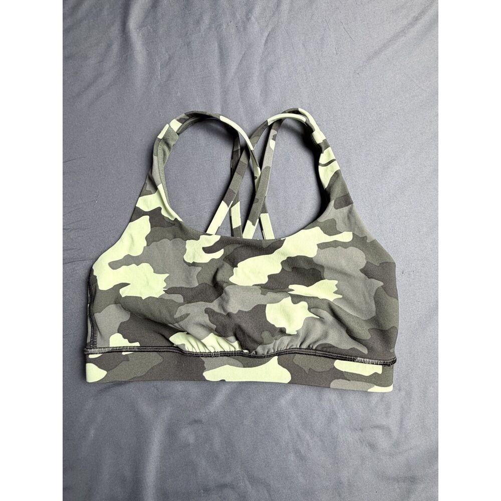 Lululemon Cammo Green Size 6 Sports Bra Strappy No Padding Athletic Yoga Running